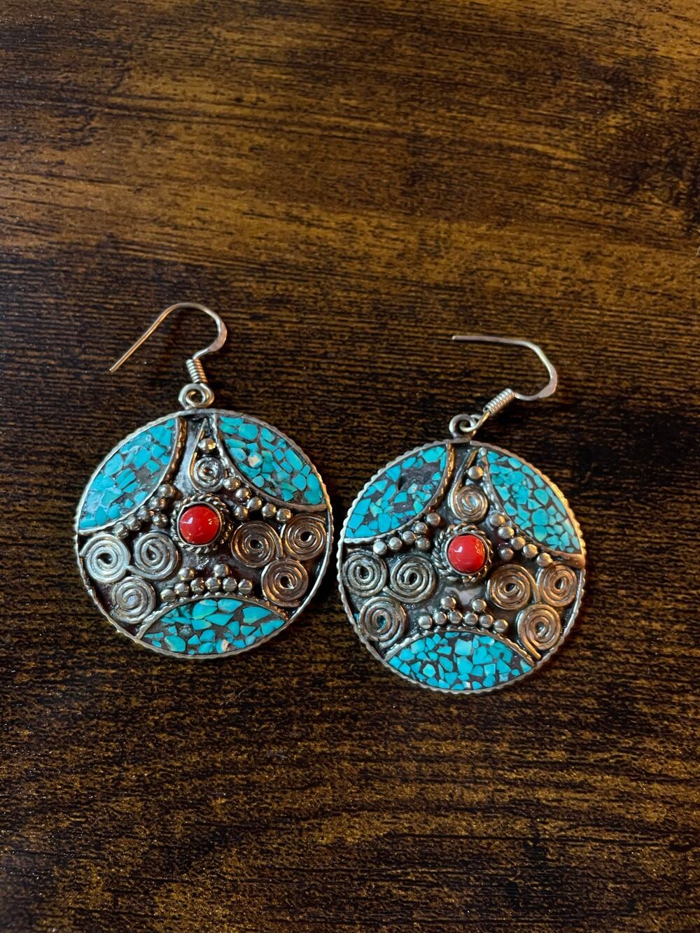 Vintage Tibetan-Style Dangle Earrings with Inlaid Turquoise Chip and Coral